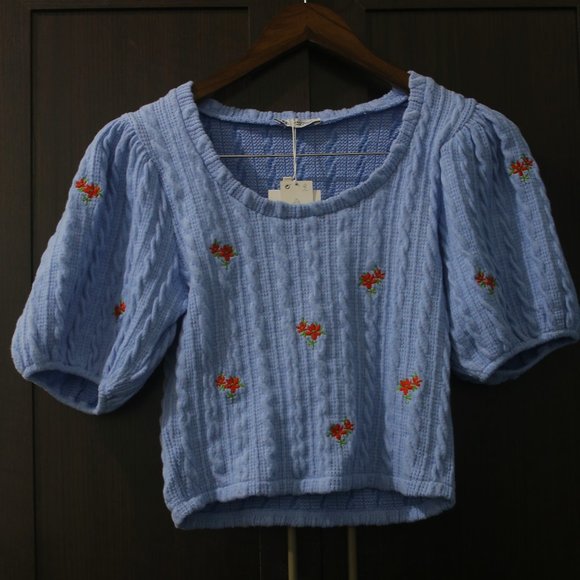 Zara Tops - NWT Embroidered Blue Knit Top.